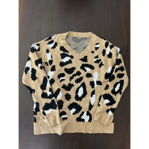 H&M Divided Womens Tan Leopard Print V-Neck Knit Sweater Size XS